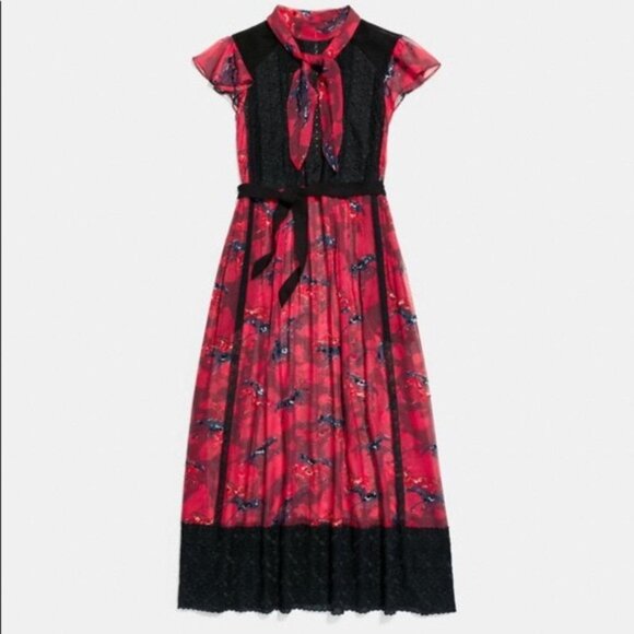 COACH Red horse print lacework chiffon flutter sleeve designer beautif - Picture 6 of 16
